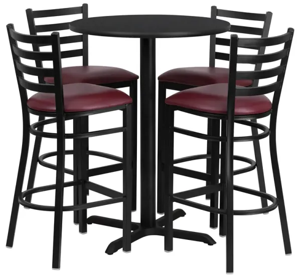 Flash Furniture 30'' Round Black Laminate Table Set with X-Base and 4 Ladder Back Metal Barstools - Burgundy Vinyl Seat