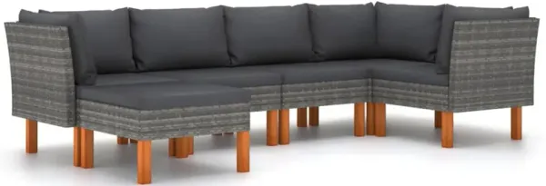 Casey Outdoor 6pc Modular Lounge Sofa Set, Gray Rattan, Solid Wood - Benzara