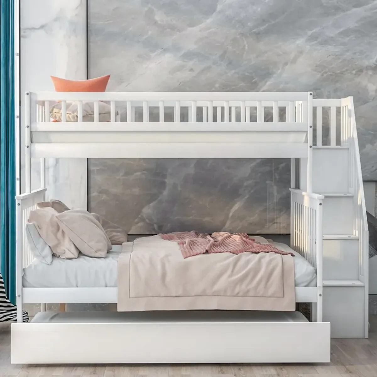 Twin over Full Bunk Bed with Trundle and Staircase,WhiteGray, White