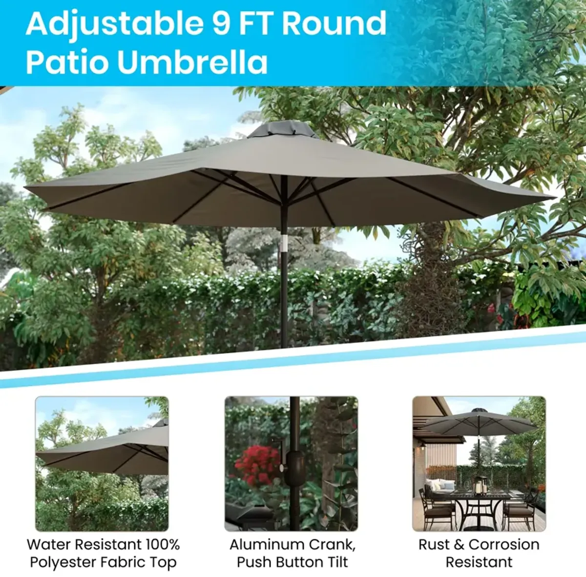 Flash Furniture Lark 7 Piece Patio Table Set - 4 Synthetic Stackable Faux Teak Chairs - 30" x 48" Faux Teak Table - Gray Umbrella with Base