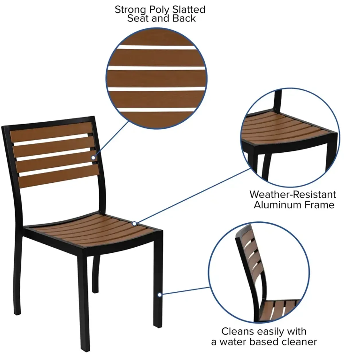 Flash Furniture Lark 7 Piece Patio Table Set - 4 Synthetic Stackable Faux Teak Chairs - 30" x 48" Faux Teak Table - Gray Umbrella with Base