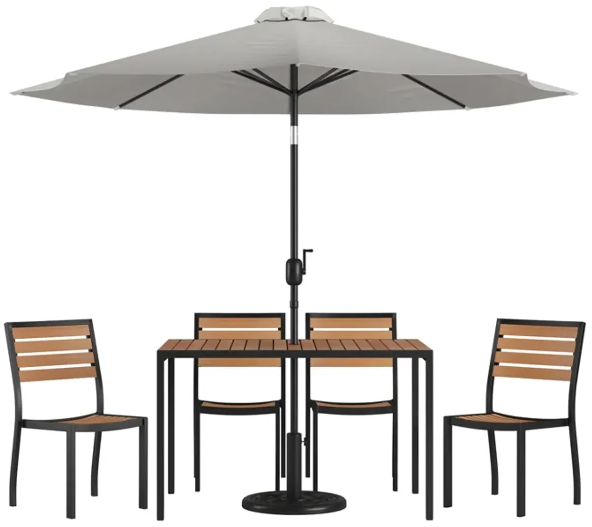 Flash Furniture Lark 7 Piece Patio Table Set - 4 Synthetic Stackable Faux Teak Chairs - 30" x 48" Faux Teak Table - Gray Umbrella with Base