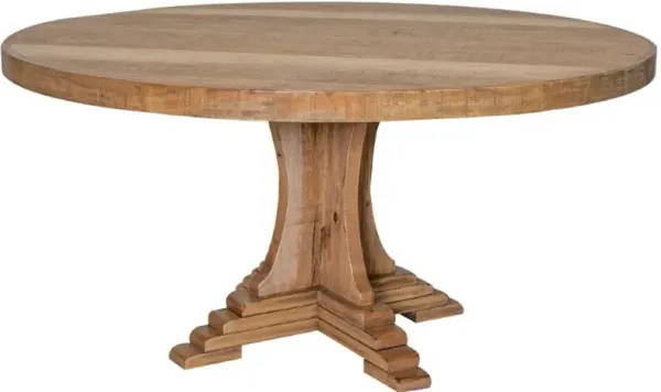Ebb Dining Table, 60 Inch Round Top, Trestle Base, Brown Pine Wood - Benzara