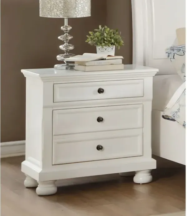 Transitional Style Two Drawer Wooden Night Stand with Round Bun Legs, White-Benzara