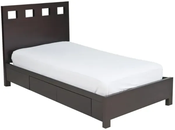 Yee King Storage Bed, Espresso Brown Finish, 4 Drawers, Cut Out Headboard - Benzara