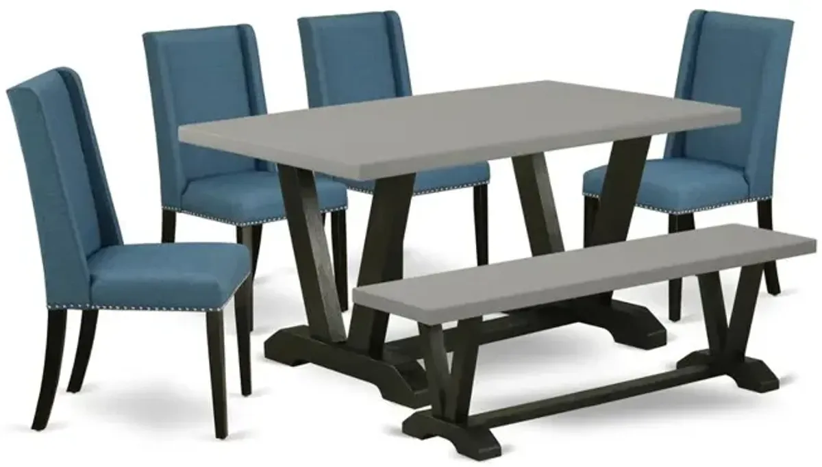 East West Furniture 6-Piece Beautiful Modern Dining Table Set an Excellent Cement Color Dining Table Top and Cement Color Indoor Bench and 4 Beautiful Linen Fabric Kitchen Chairs with Nail Heads and S