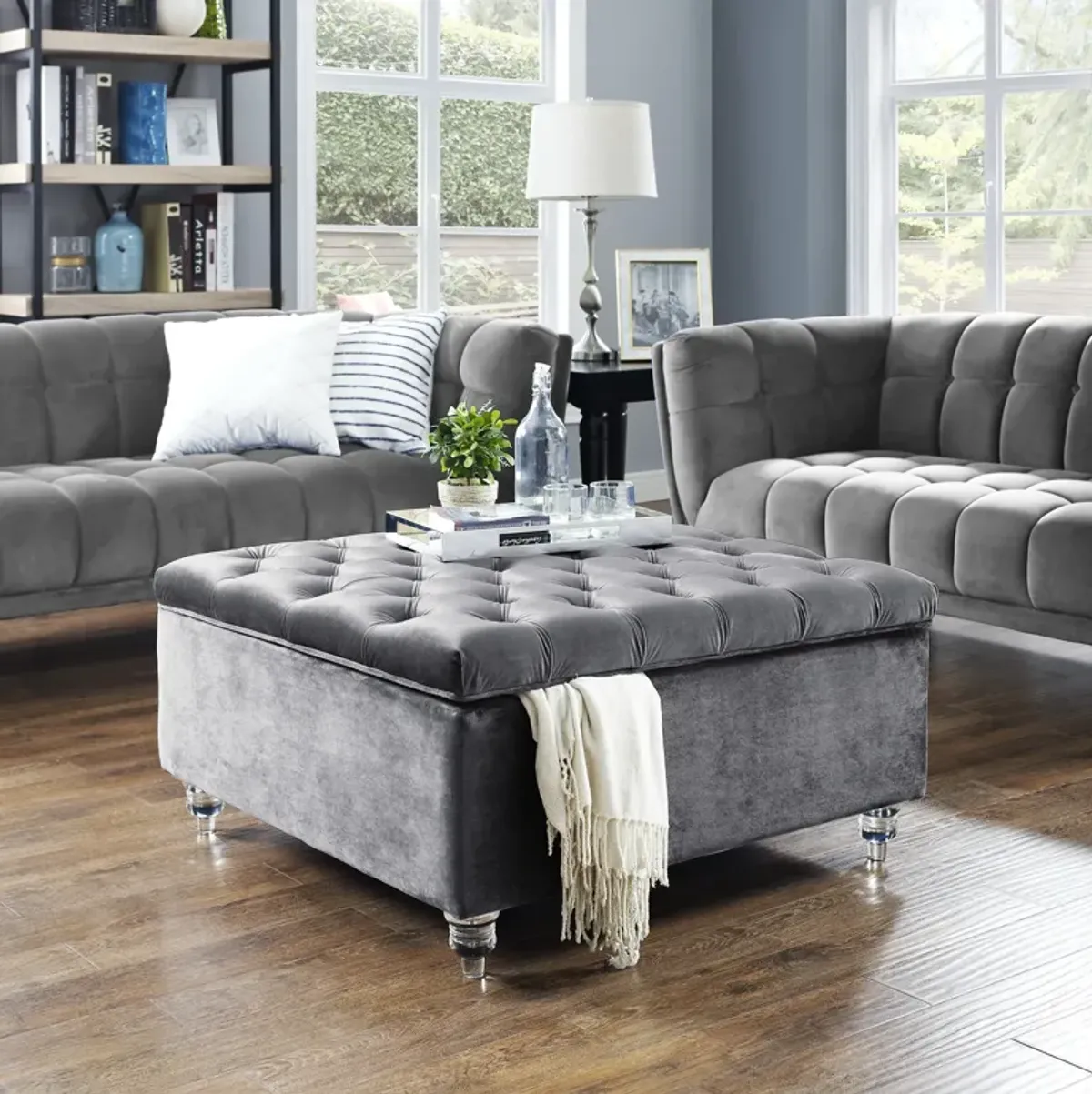 Inspired Home Santiago Velvet Cocktail Storage Ottoman Coffee Table