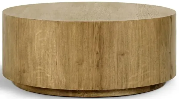 Benjara Cecil 42 Inch Coffee Table, Round Oak Veneer Frame, Plinth Base, Warm Brown