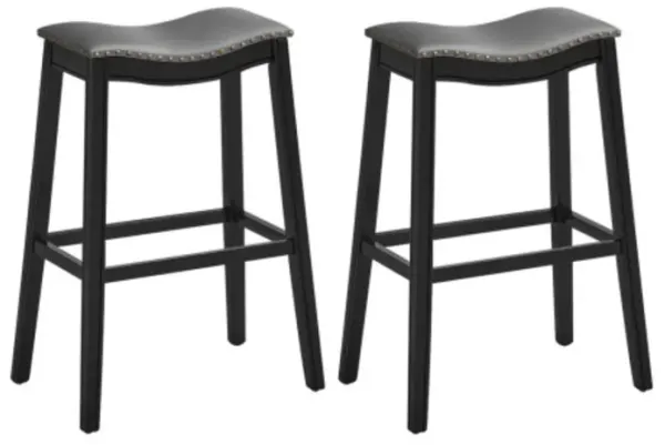 Set of 2 Backless Wood Nailhead Barstools with PVC Leather Seat