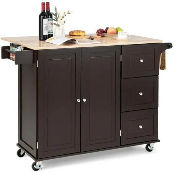 Hivvago Kitchen Wood Island Trolley Cart with Drop-Leaf Tabletop and Storage Cabinet