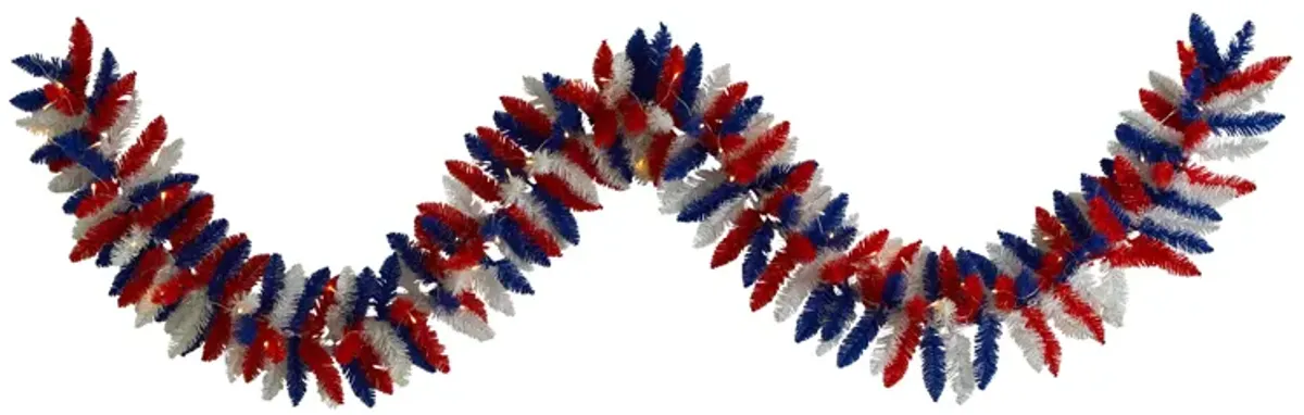 HomPlanti 9" Patriotic "American Flag" Themed Artificial Garland with 50 Warm LED Lights