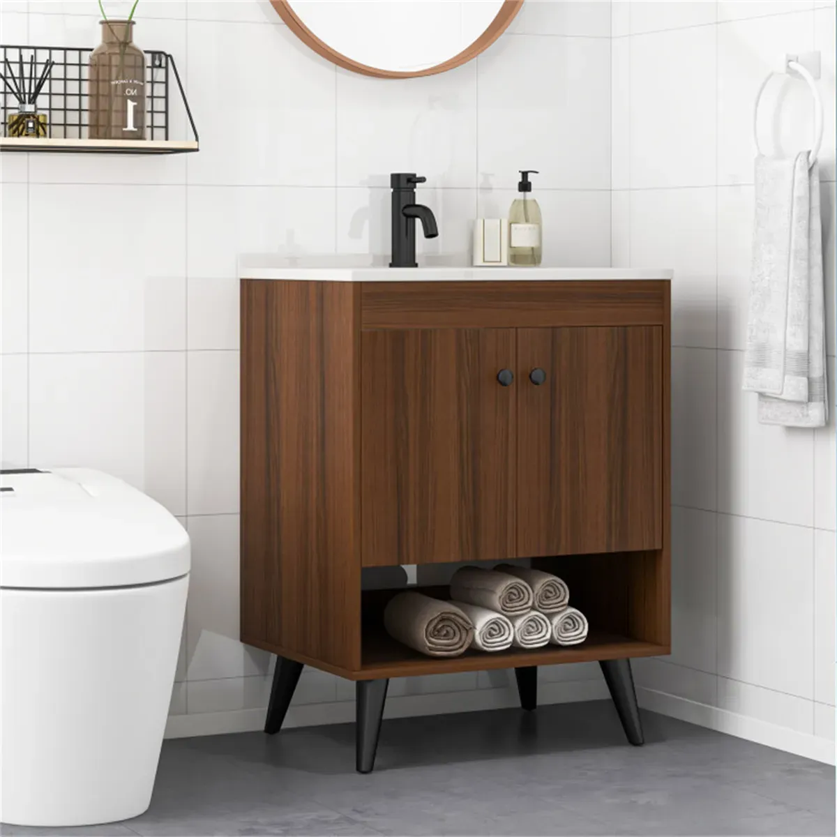 Rustic Wooden Bathroom Cabinet with Ceramic Sink, Space-Saving Design