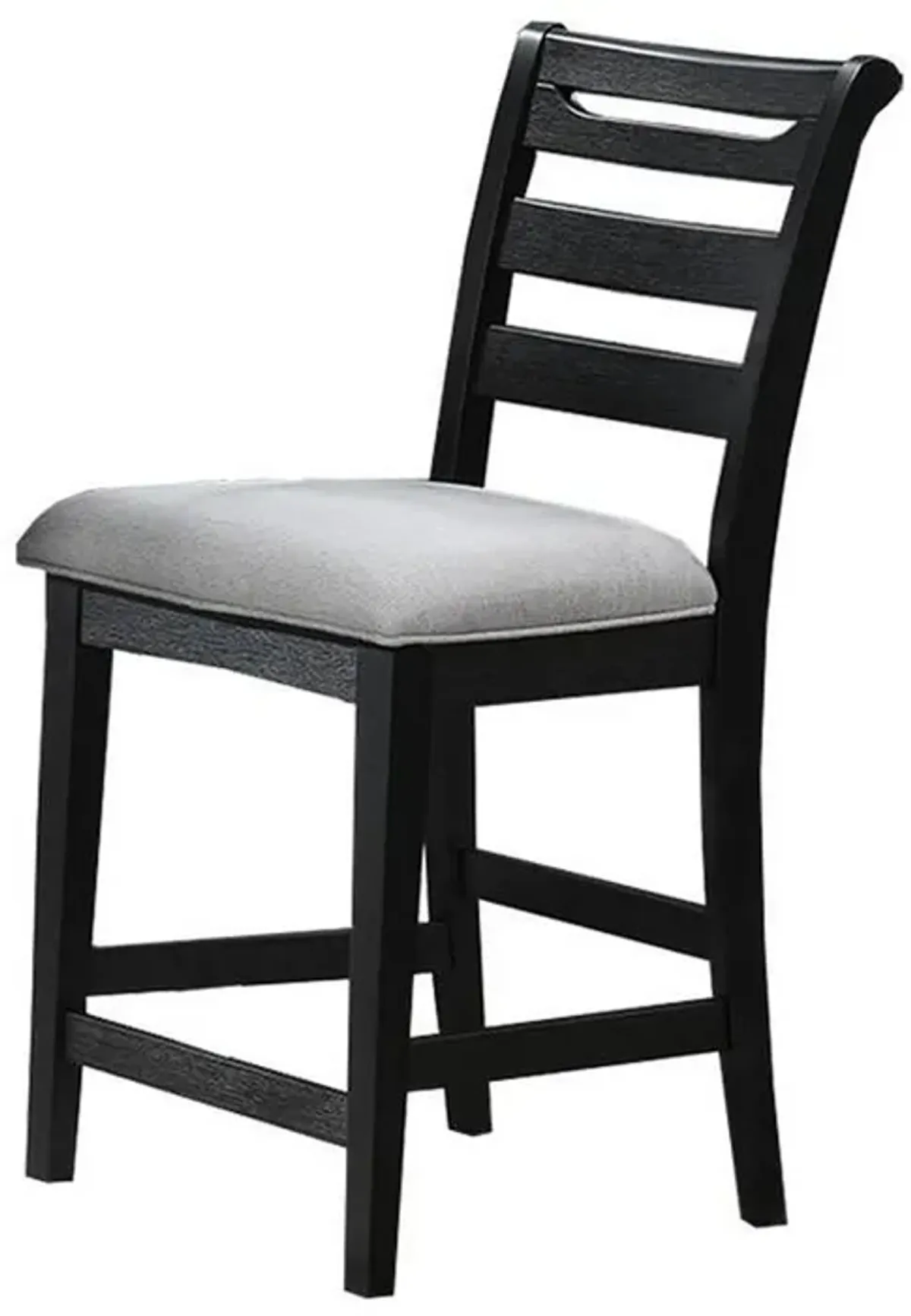 Remus Bar Height Chair, Ladder Back, Black Embossed Wood, Gray Fabric - Benzara