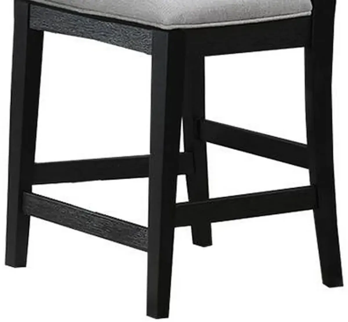 Remus Bar Height Chair, Ladder Back, Black Embossed Wood, Gray Fabric - Benzara