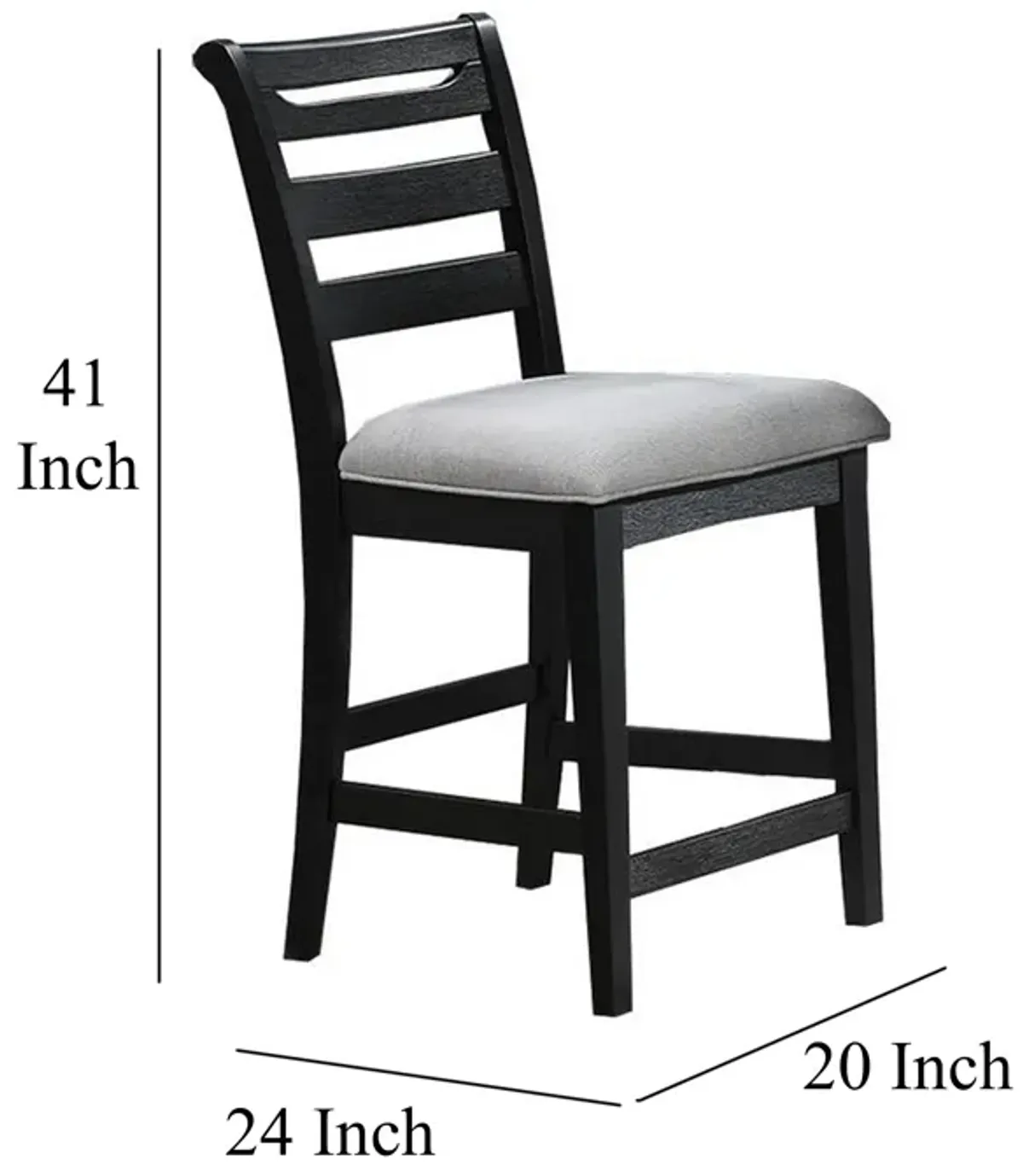 Remus Bar Height Chair, Ladder Back, Black Embossed Wood, Gray Fabric - Benzara