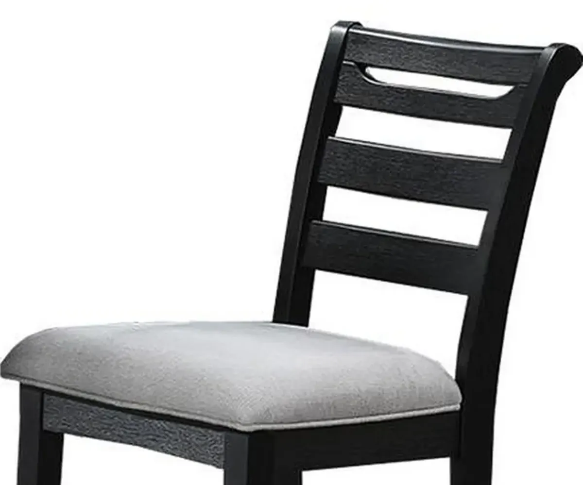 Remus Bar Height Chair, Ladder Back, Black Embossed Wood, Gray Fabric - Benzara