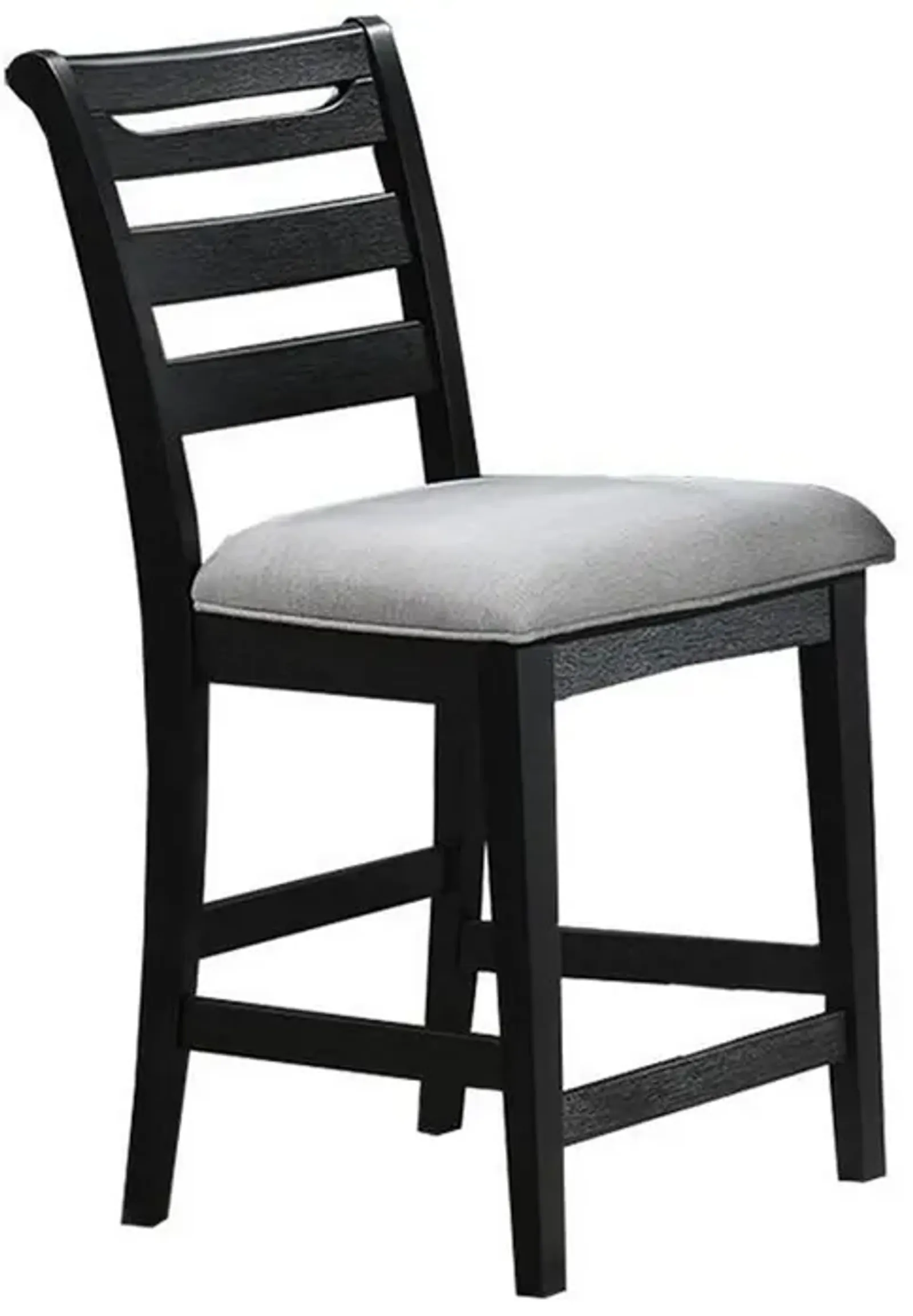 Remus Bar Height Chair, Ladder Back, Black Embossed Wood, Gray Fabric - Benzara