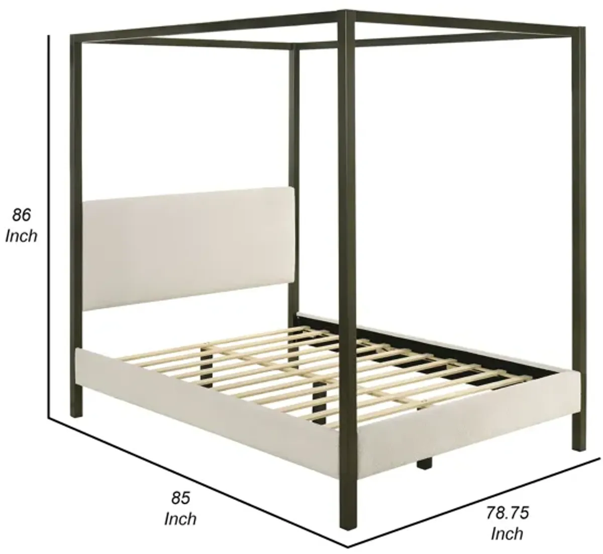 Rey King Size Canopy Bed, Padded Headboard, 4 Post Frame, Ivory Upholstery - Benzara