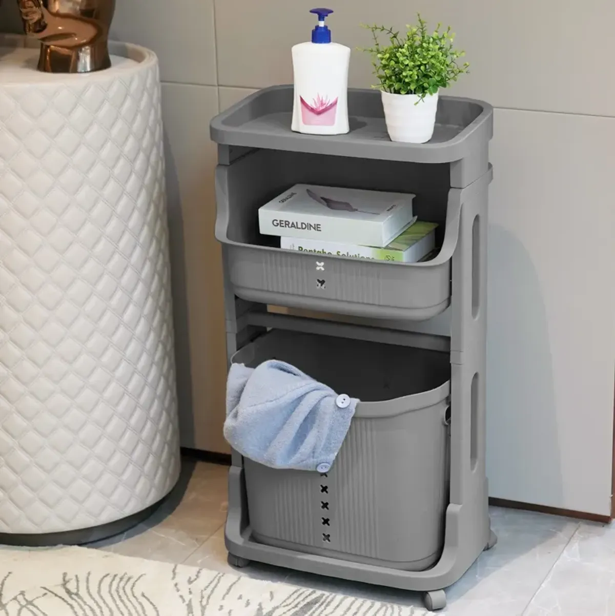 Laundry Basket Plastic Hamper 2-Tier Storage Sorter Hampers with Wheels for Kitchen Bedroom Bathroom Free Standing Storage Baskets