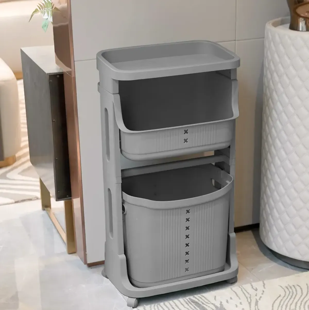 Laundry Basket Plastic Hamper 2-Tier Storage Sorter Hampers with Wheels for Kitchen Bedroom Bathroom Free Standing Storage Baskets