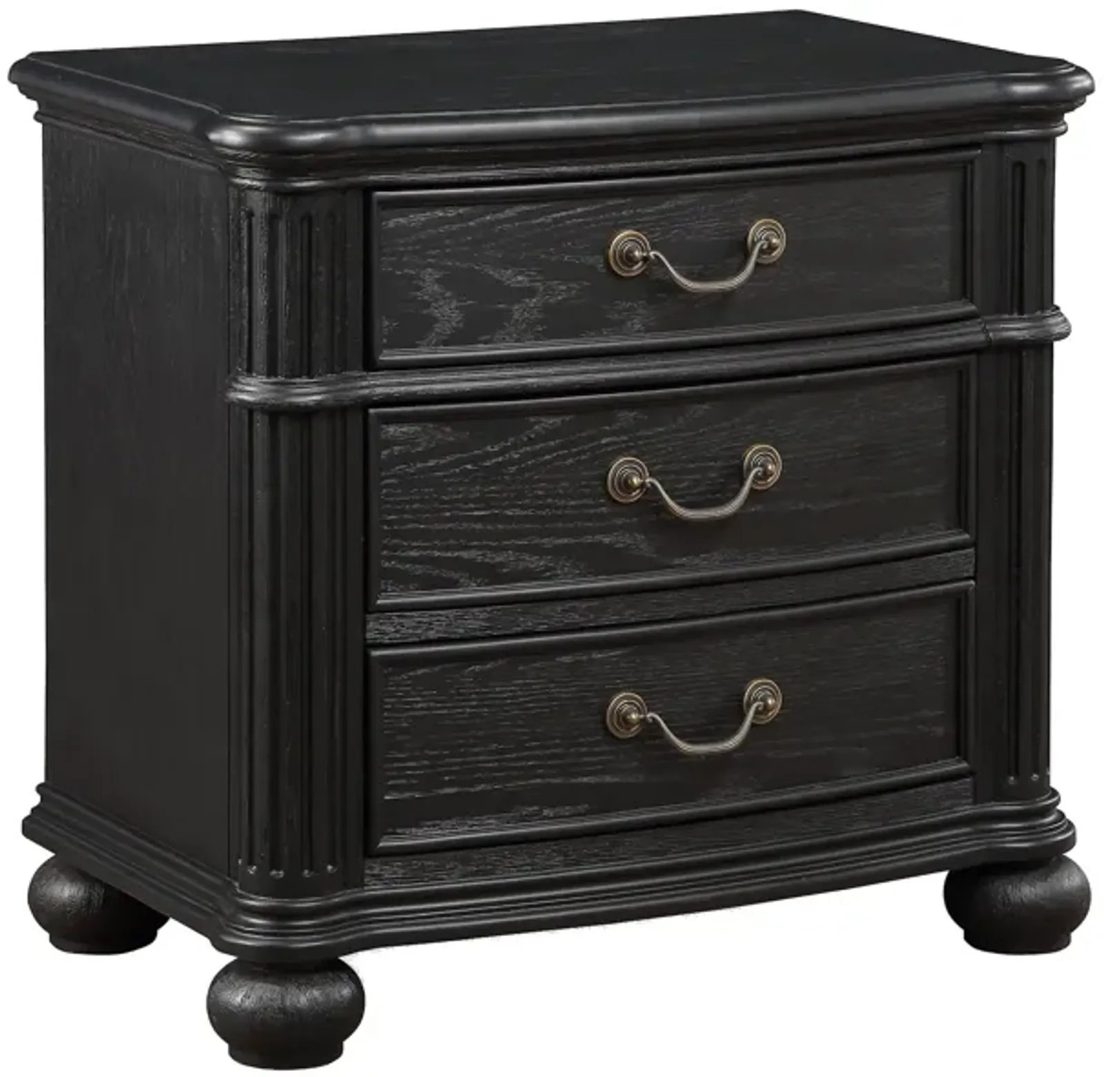 Berry 27 Inch Nightstand, Wood, Metal Handles, 3 Drawers, Classic Black - Benzara