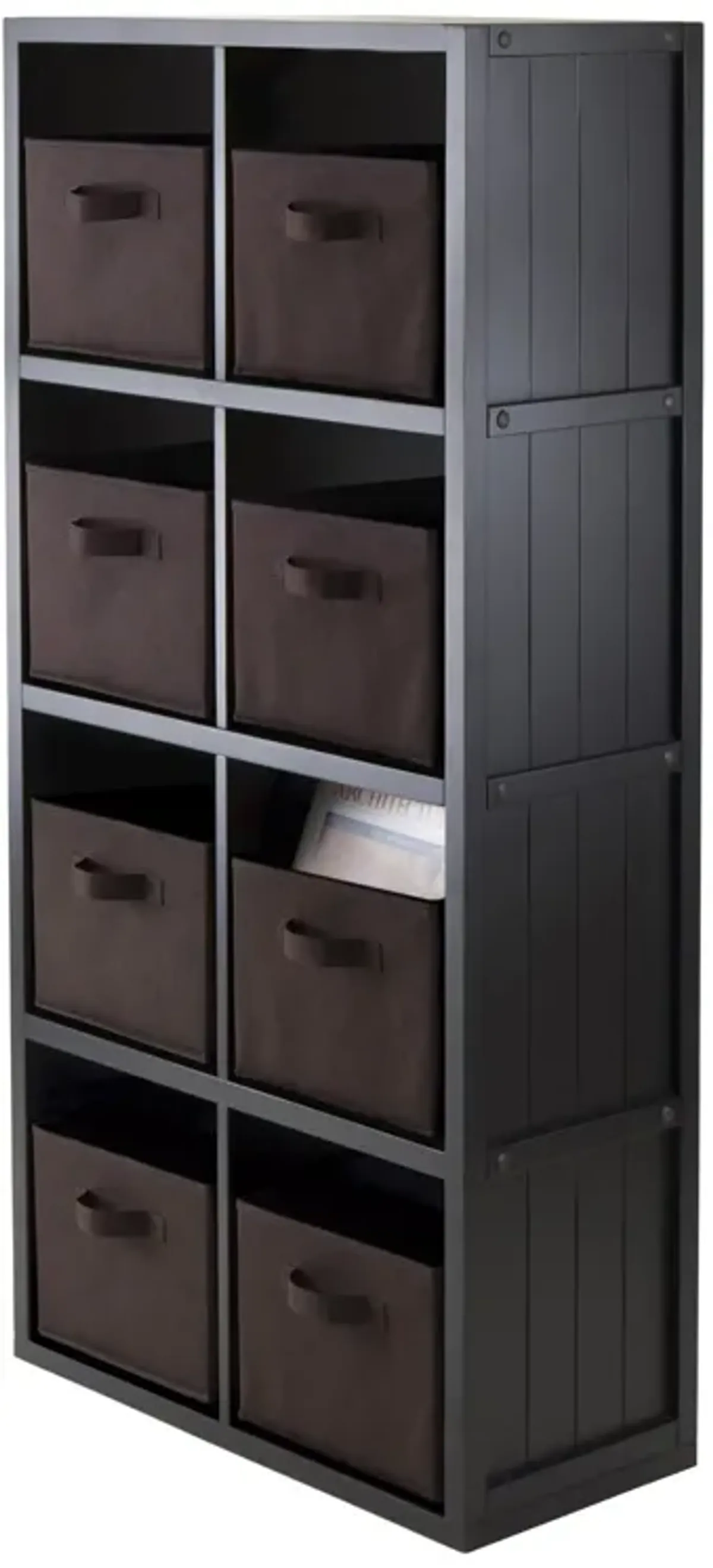 Timothy 9-Pc 4x2 Storage Shelf with 8 Foldable Fabric Baskets, Black and Chocolate