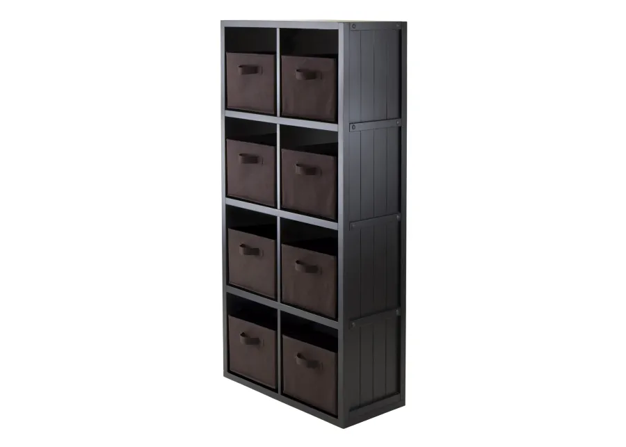 Timothy 9-Pc 4x2 Storage Shelf with 8 Foldable Fabric Baskets, Black and Chocolate