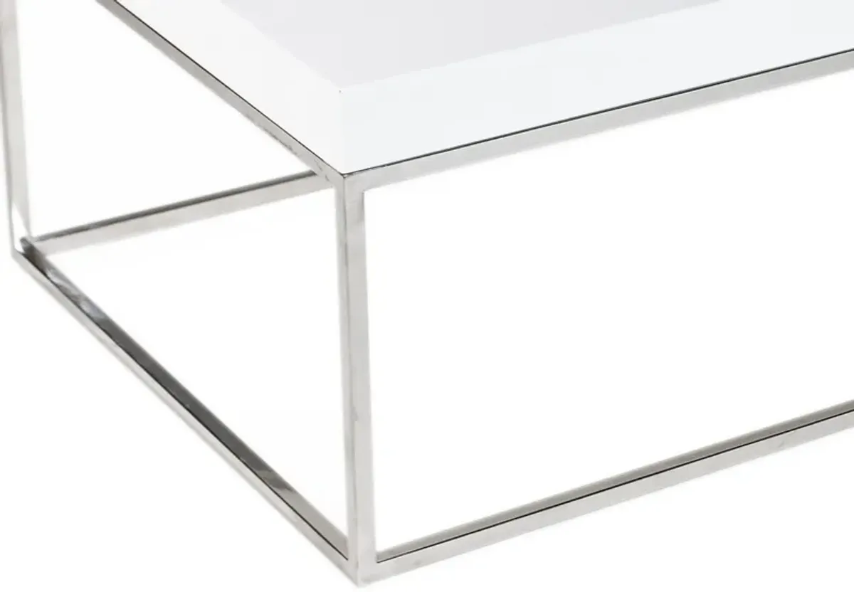 Zen 48 Inch Coffee Table, Rectangular White Lacquer Top, Chrome Steel Frame - Benzara