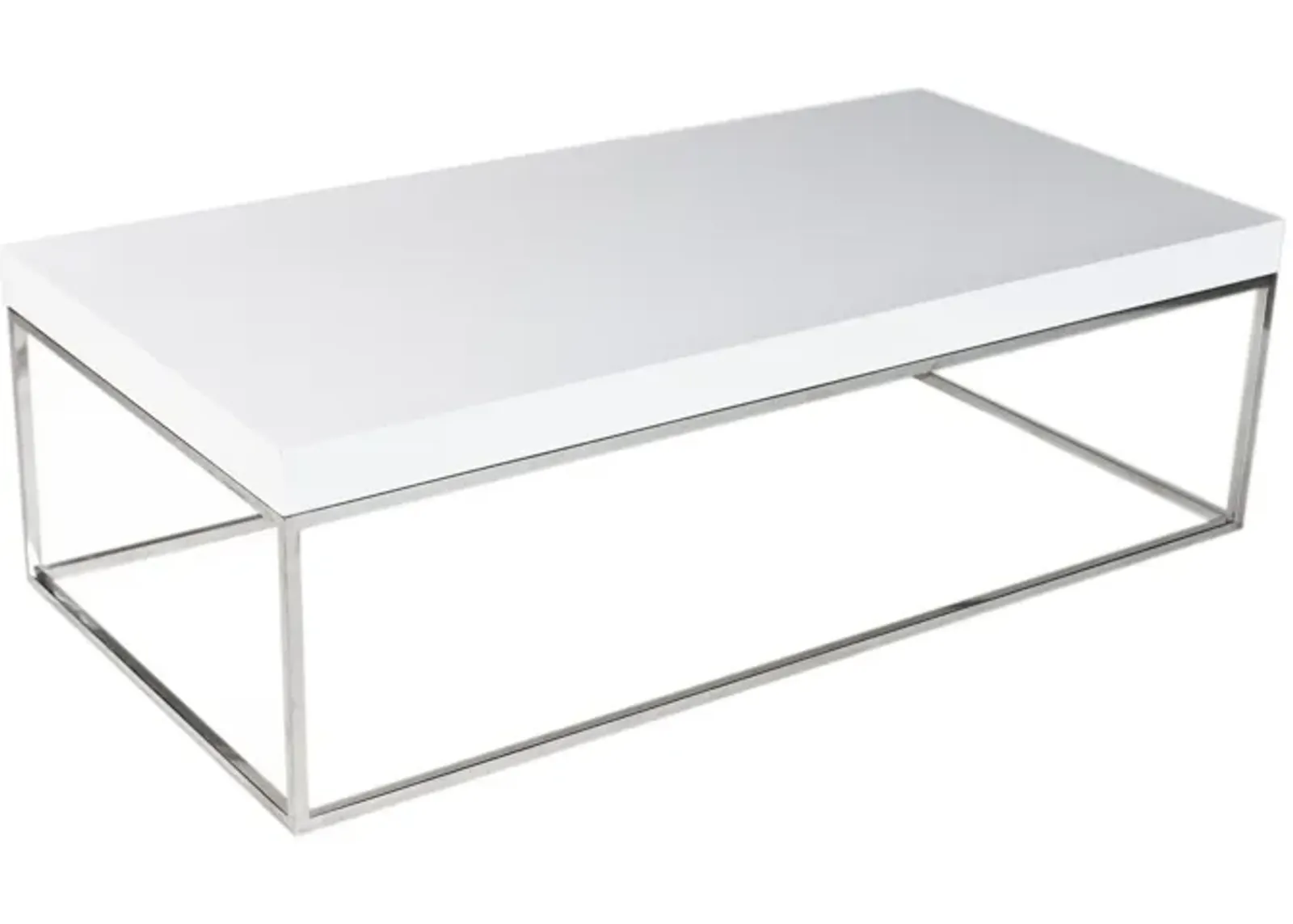 Zen 48 Inch Coffee Table, Rectangular White Lacquer Top, Chrome Steel Frame - Benzara