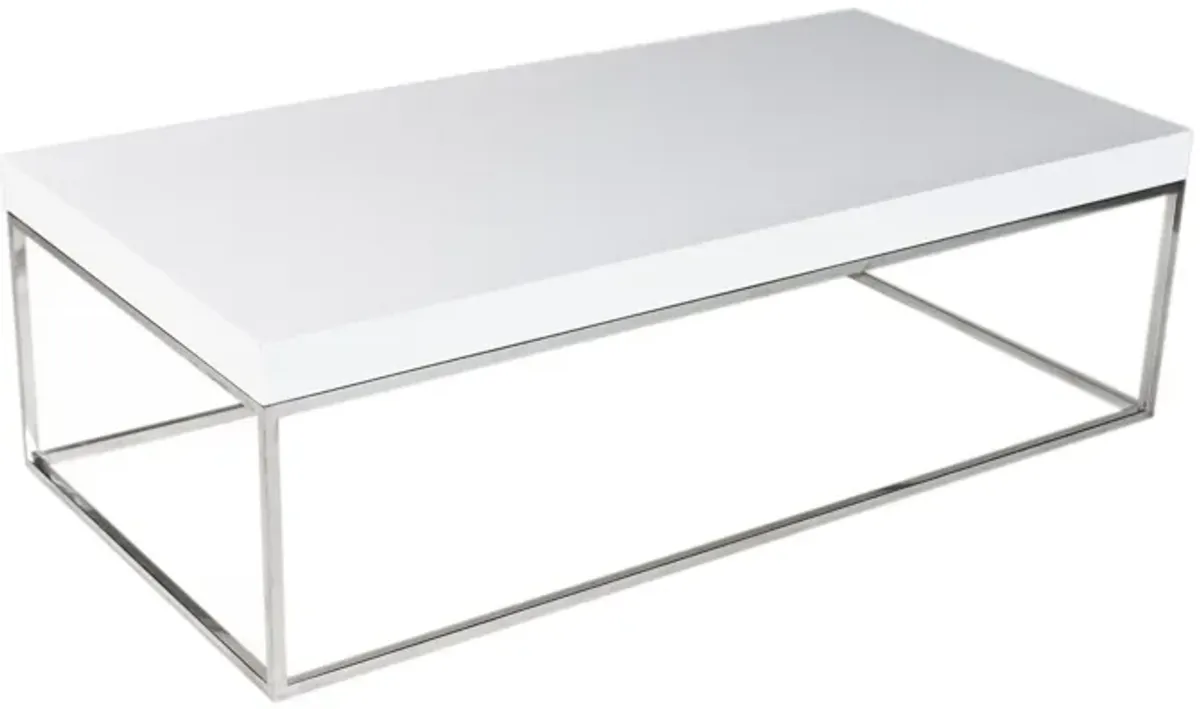 Zen 48 Inch Coffee Table, Rectangular White Lacquer Top, Chrome Steel Frame - Benzara