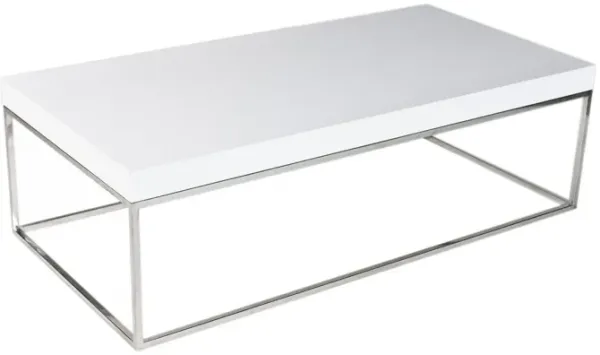 Zen 48 Inch Coffee Table, Rectangular White Lacquer Top, Chrome Steel Frame - Benzara