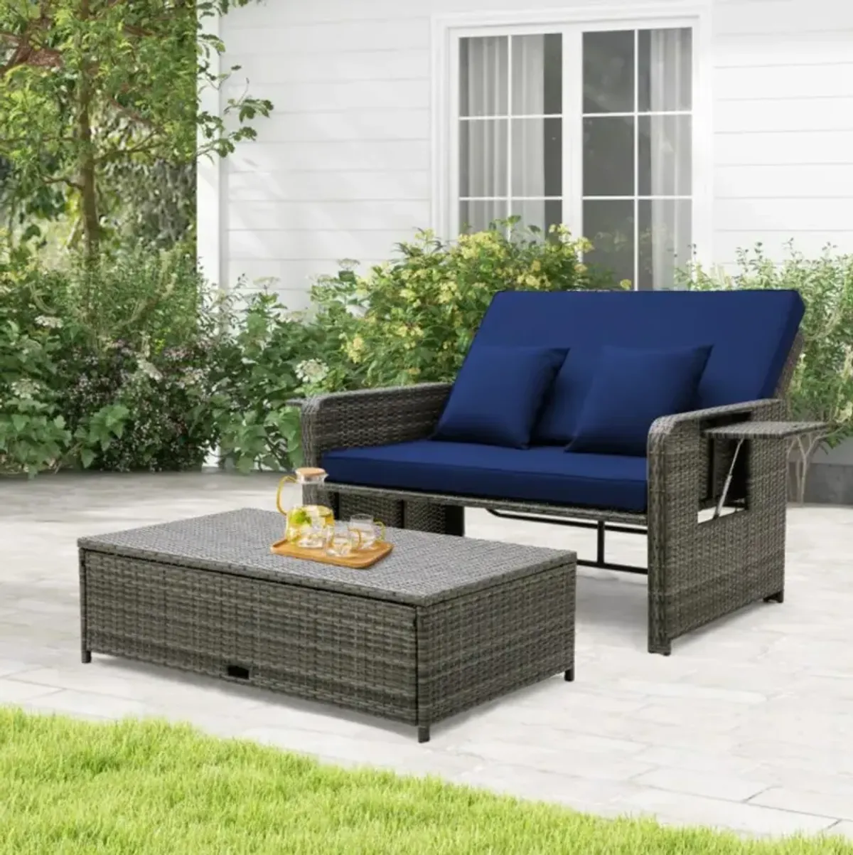 Hivvago Patio Wicker Loveseat Sofa with Multipurpose Ottoman and Retractable Side Tray