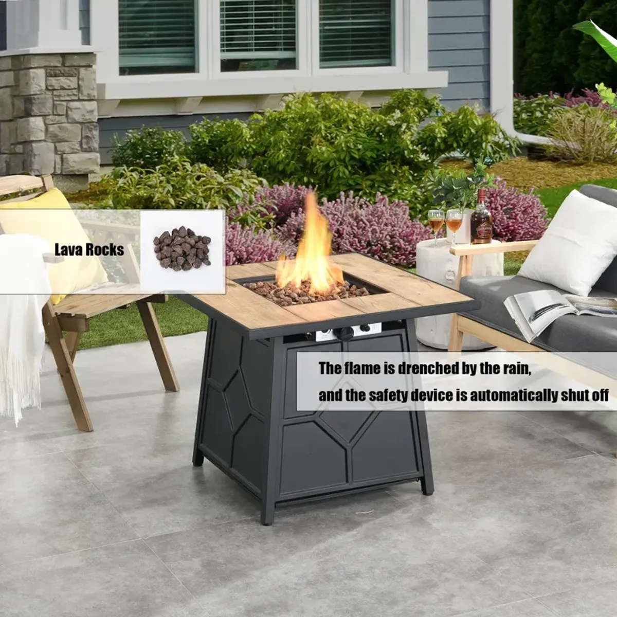 5 Piece Patio Dining Set with Swivel Chairs and Brown 28-inch Square 40,000 BTU Auto-Ignition Propane Gas Fire Pit Table