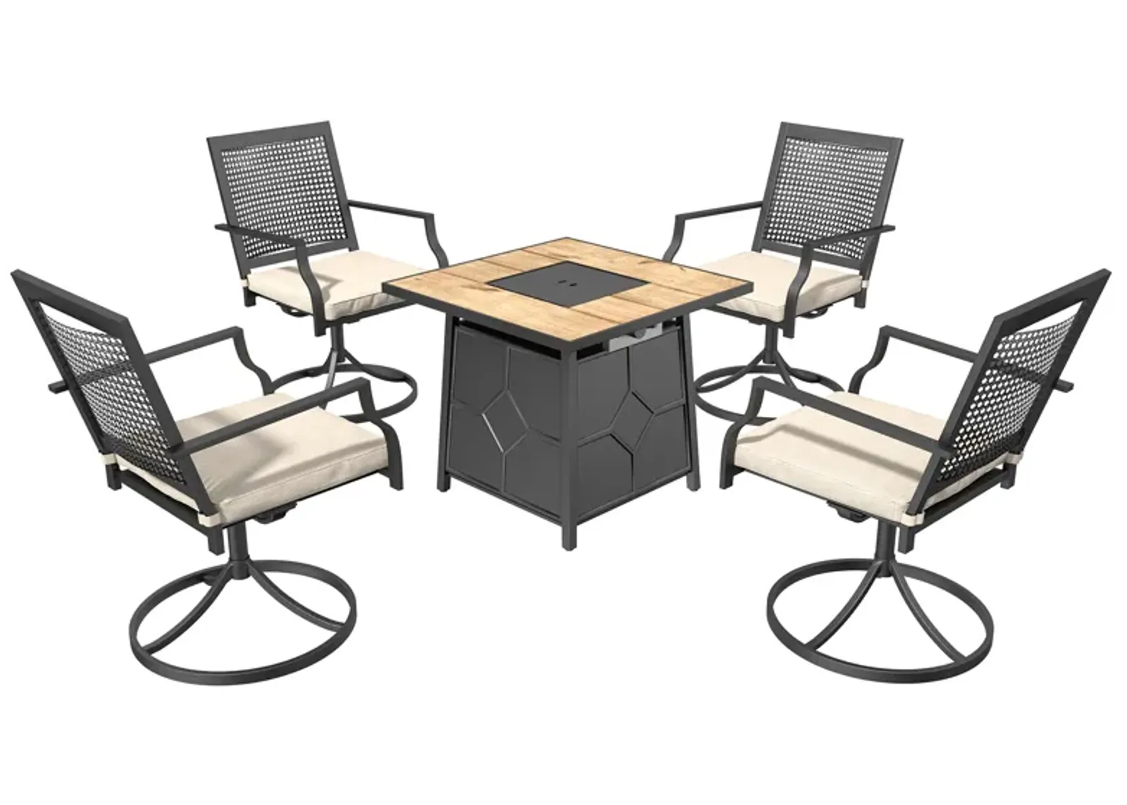 5 Piece Patio Dining Set with Swivel Chairs and Brown 28-inch Square 40,000 BTU Auto-Ignition Propane Gas Fire Pit Table