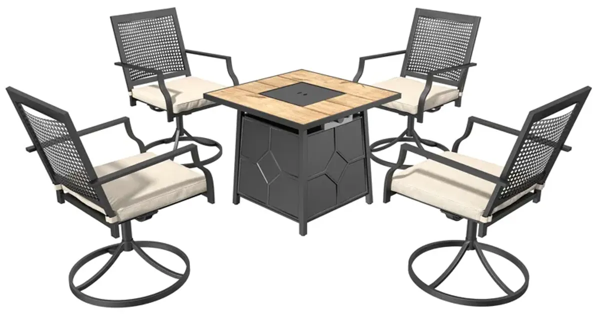 5 Piece Patio Dining Set with Swivel Chairs and Brown 28-inch Square 40,000 BTU Auto-Ignition Propane Gas Fire Pit Table