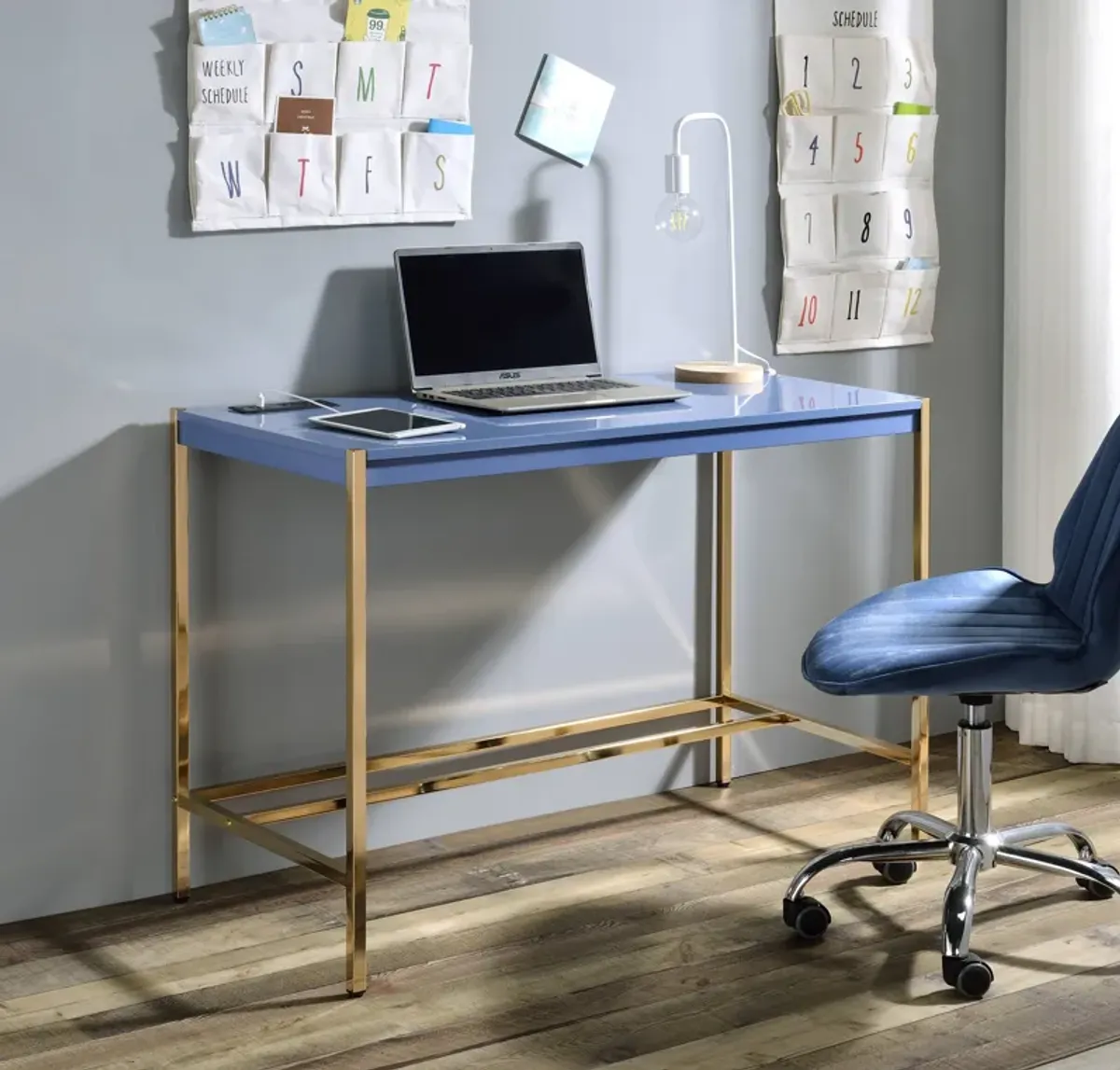 ACME Midriaks Writing Desk w/USB, Navy Blue & Gold Finish