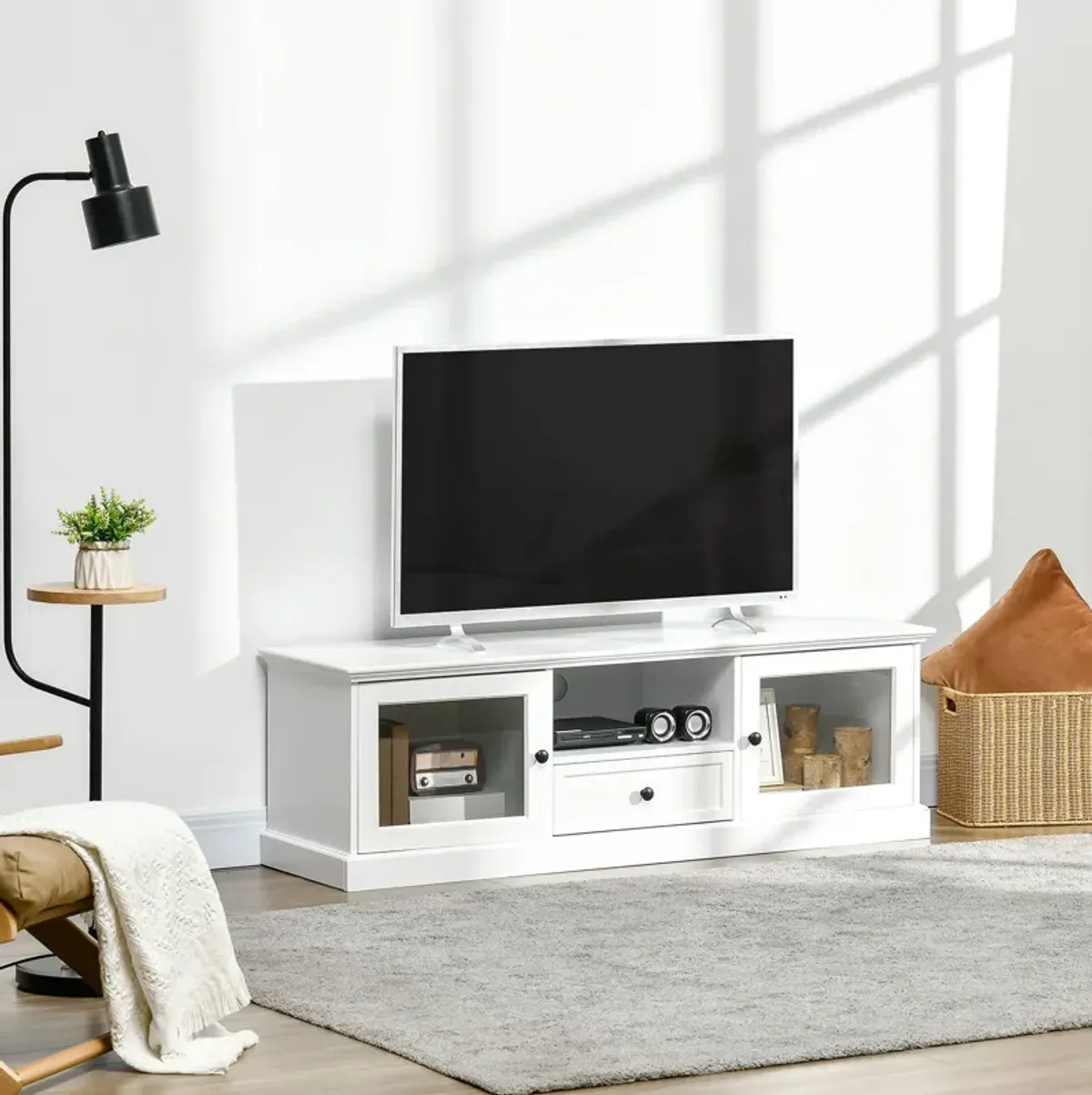 White Media Center: Contemporary TV Stand for 60" TVs with Drawer