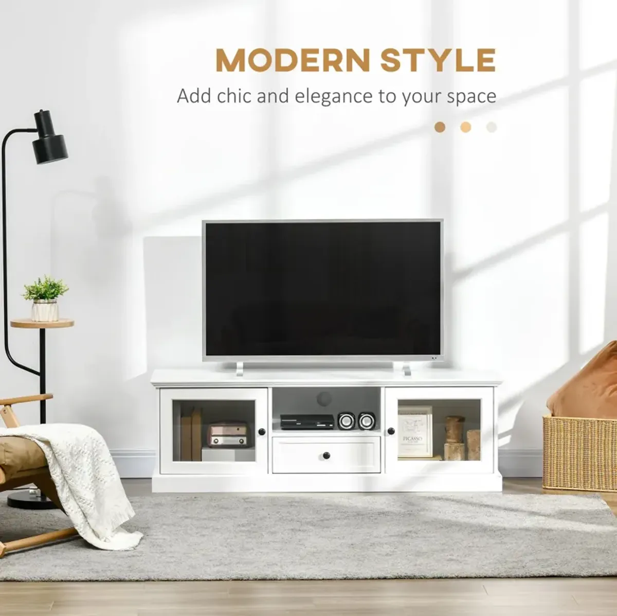 White Media Center: Contemporary TV Stand for 60" TVs with Drawer