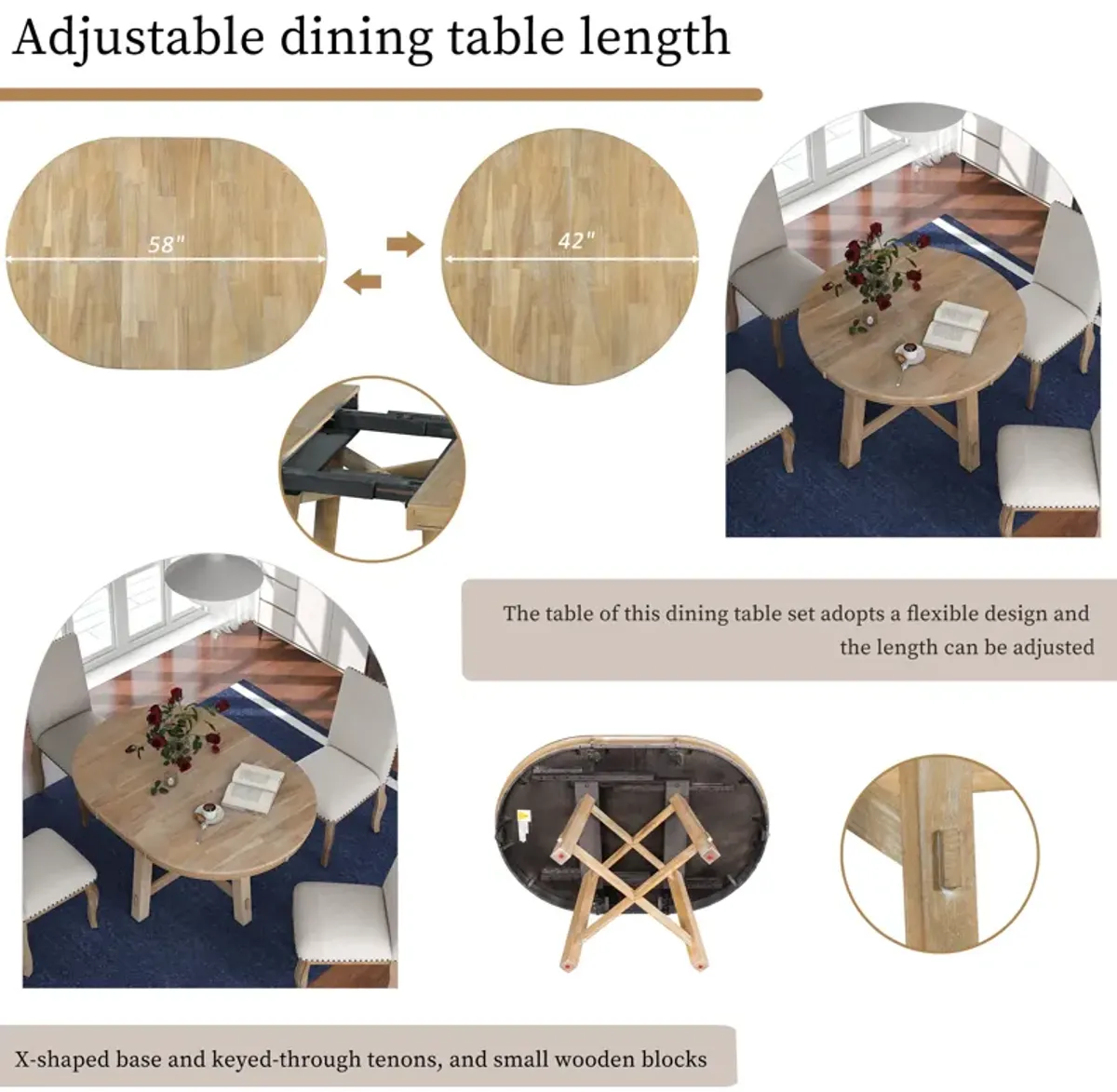 Farmhouse Round Extendable Dining Table With 16 Leaf Wood Kitchen Table