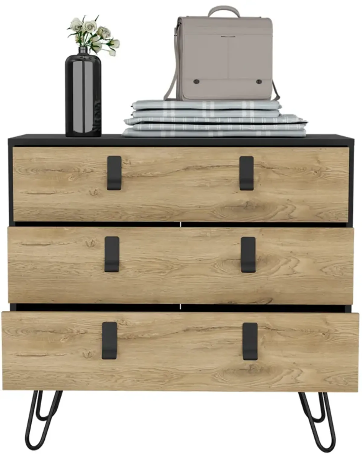 Huna Hairpin Legs Dresser with 3-Drawer Storage-Black / Macadamia