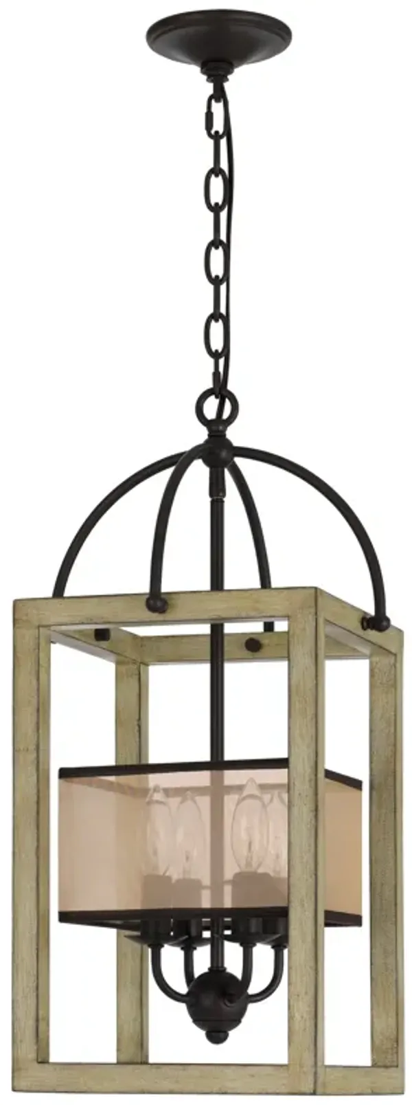 Acia 12 Inch Chandelier, Distressed Brown Organza Shade, Wood, Metal - Benzara