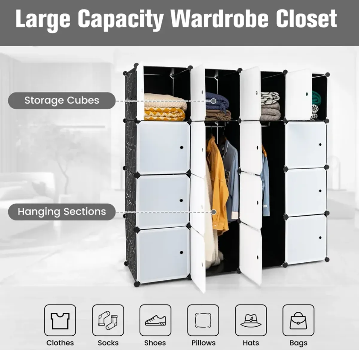 16-Cube Storage Organizer with 16 Doors and 2 Hanging Rods