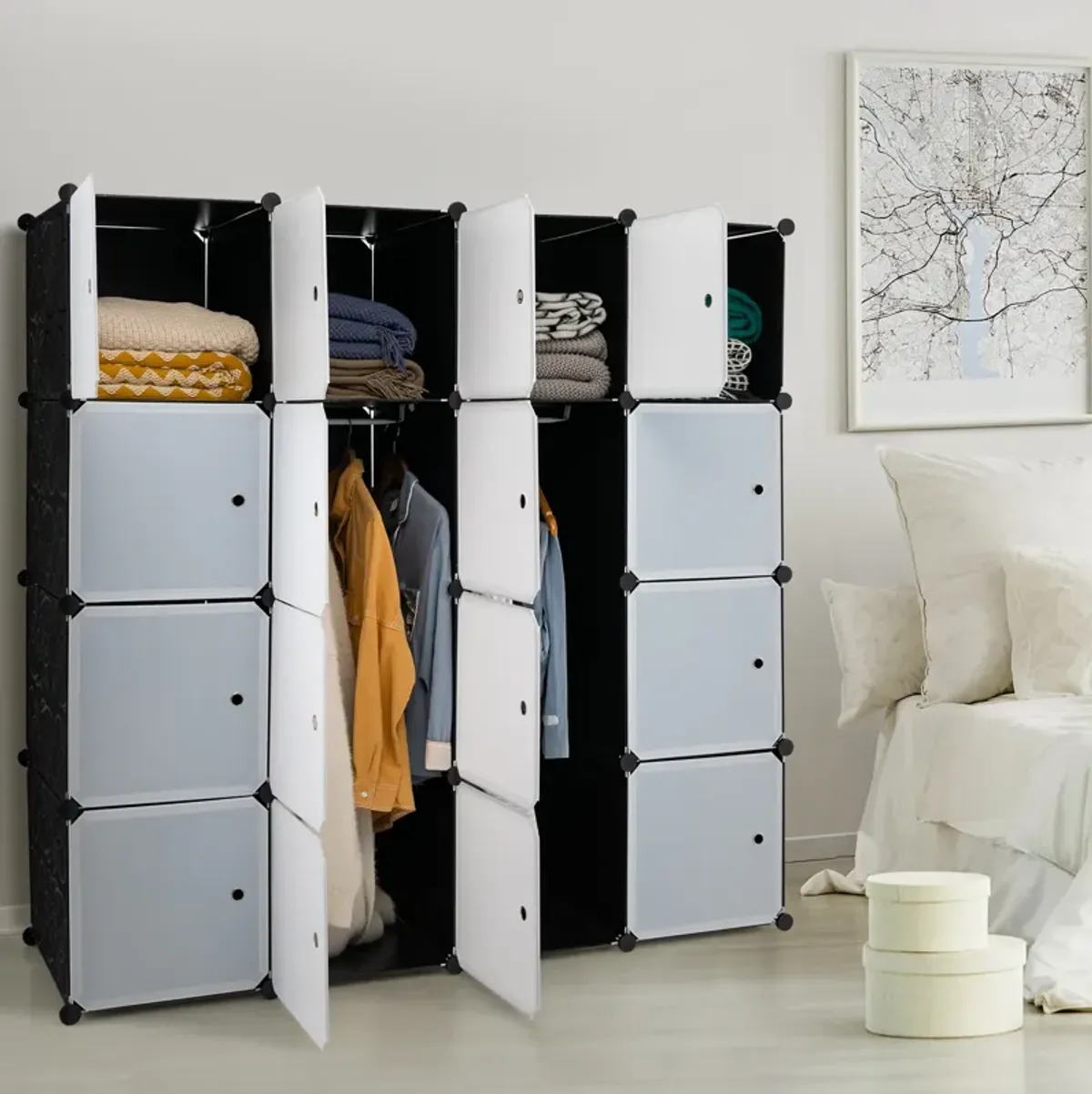 16-Cube Storage Organizer with 16 Doors and 2 Hanging Rods