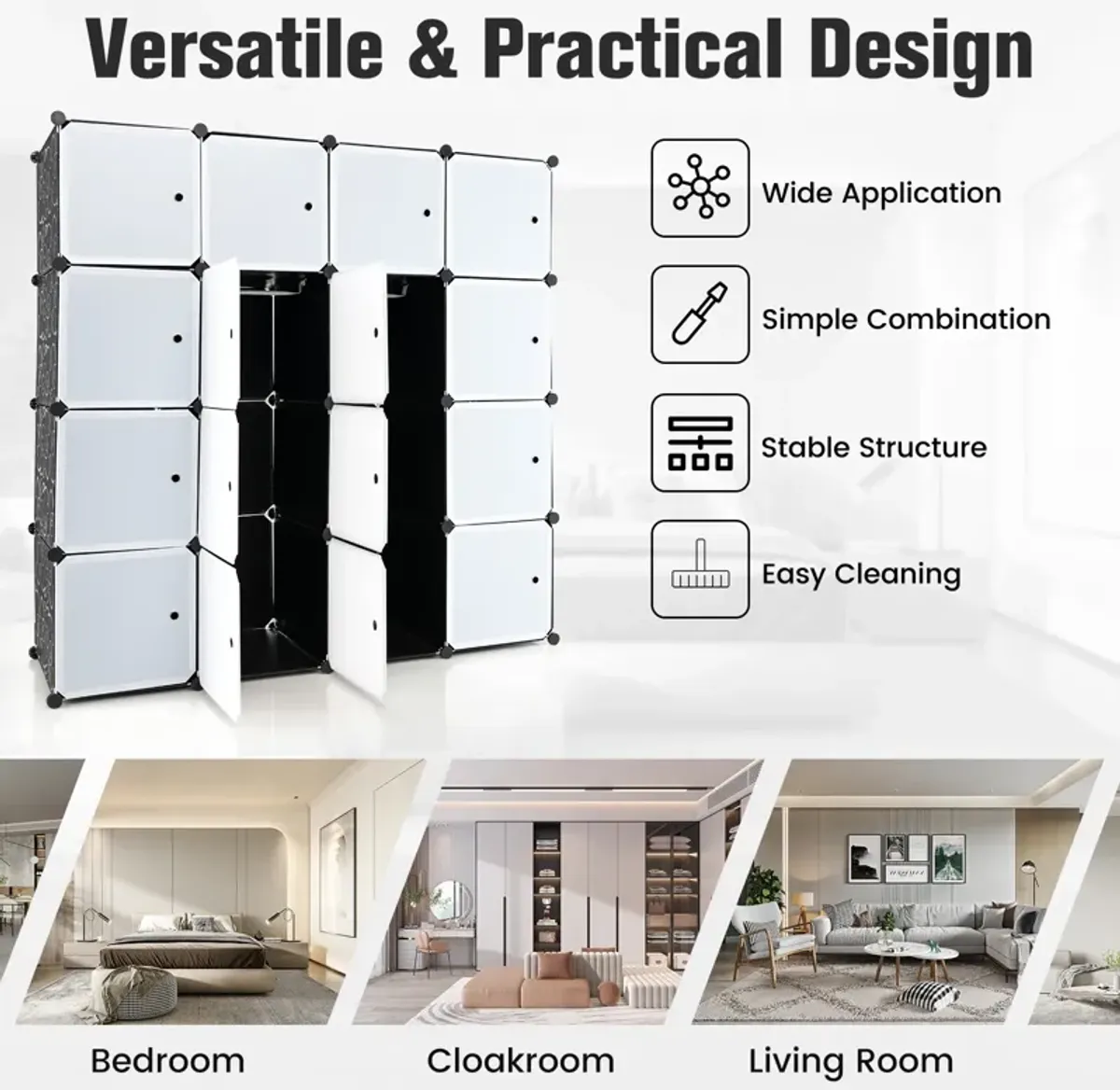 16-Cube Storage Organizer with 16 Doors and 2 Hanging Rods