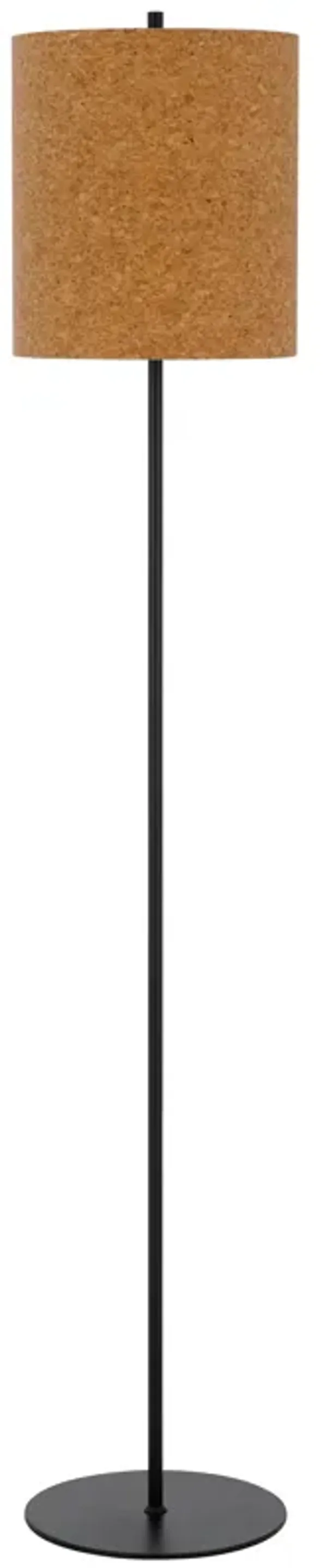 Plue 63 Inch Floor Lamp, Black Pole w Round Base, Cork Drum Shade - Benzara