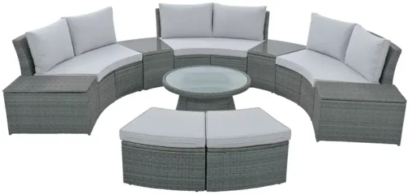 Whisen 10-Piece Half Round Patio Sofa Set, Outdoor Sectional with PE Wicker Rattan, Includes Cushions & Free Combination Design - Blue
