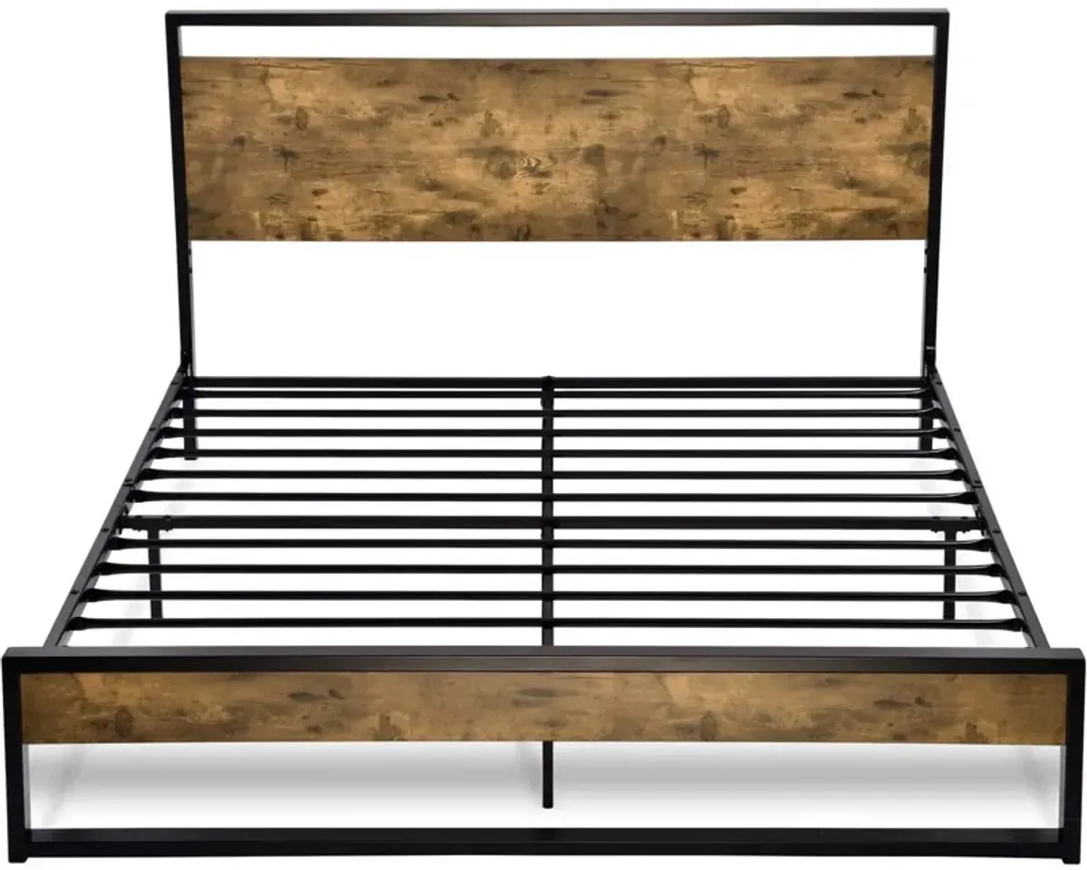 QuikFurn Full size Metal Wood Platform Bed Frame with Industrial Headboard