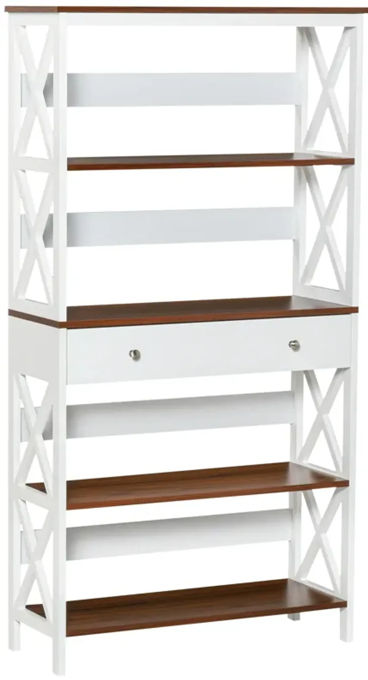 White Modern Shelving: 4-Tier Bookcase with Drawer and X-Bar