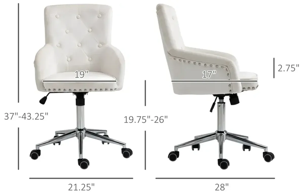 White Velvet Office Chair: Desk Chair with Nailhead Trim and Tufted Back