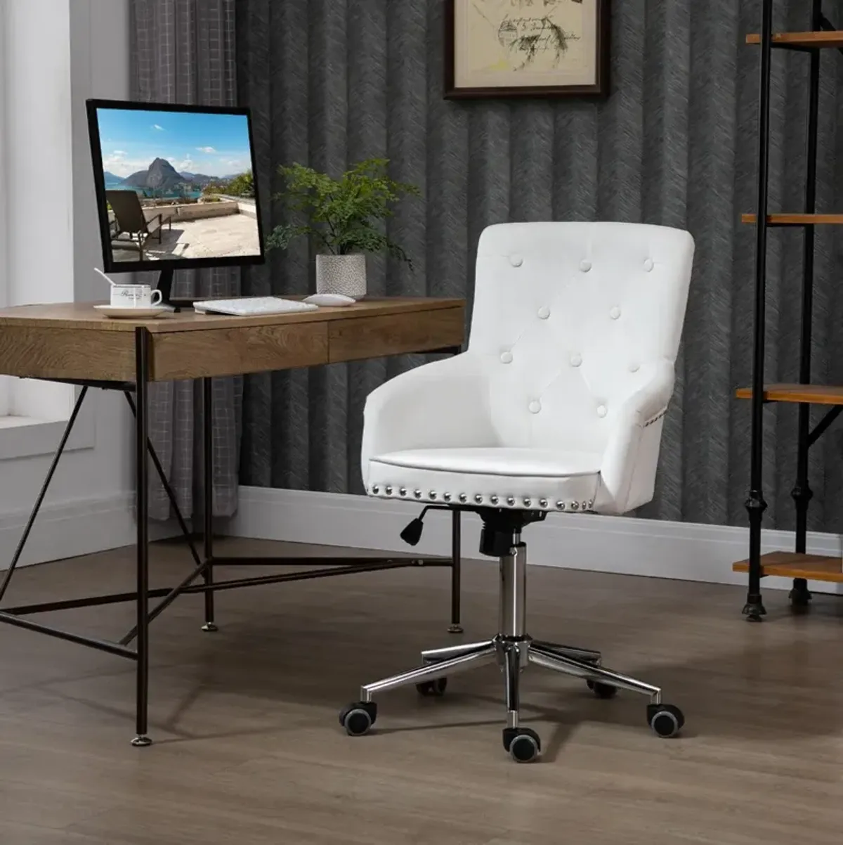 White Velvet Office Chair: Desk Chair with Nailhead Trim and Tufted Back